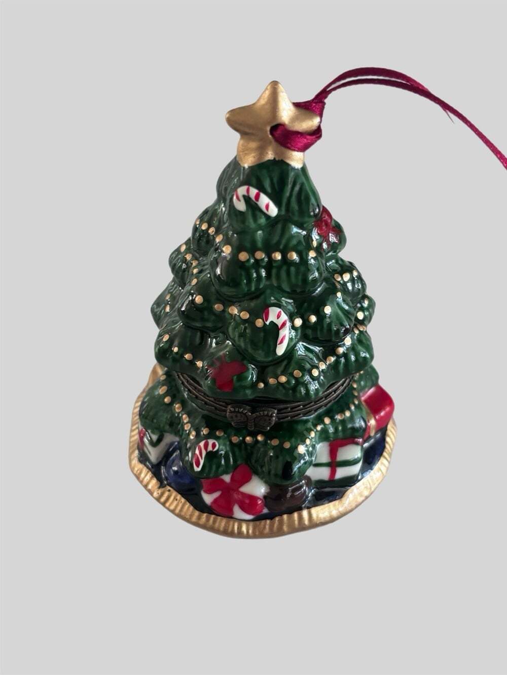 Porcelain Christmas Tree Ornament Trinket Box 4.5” Green